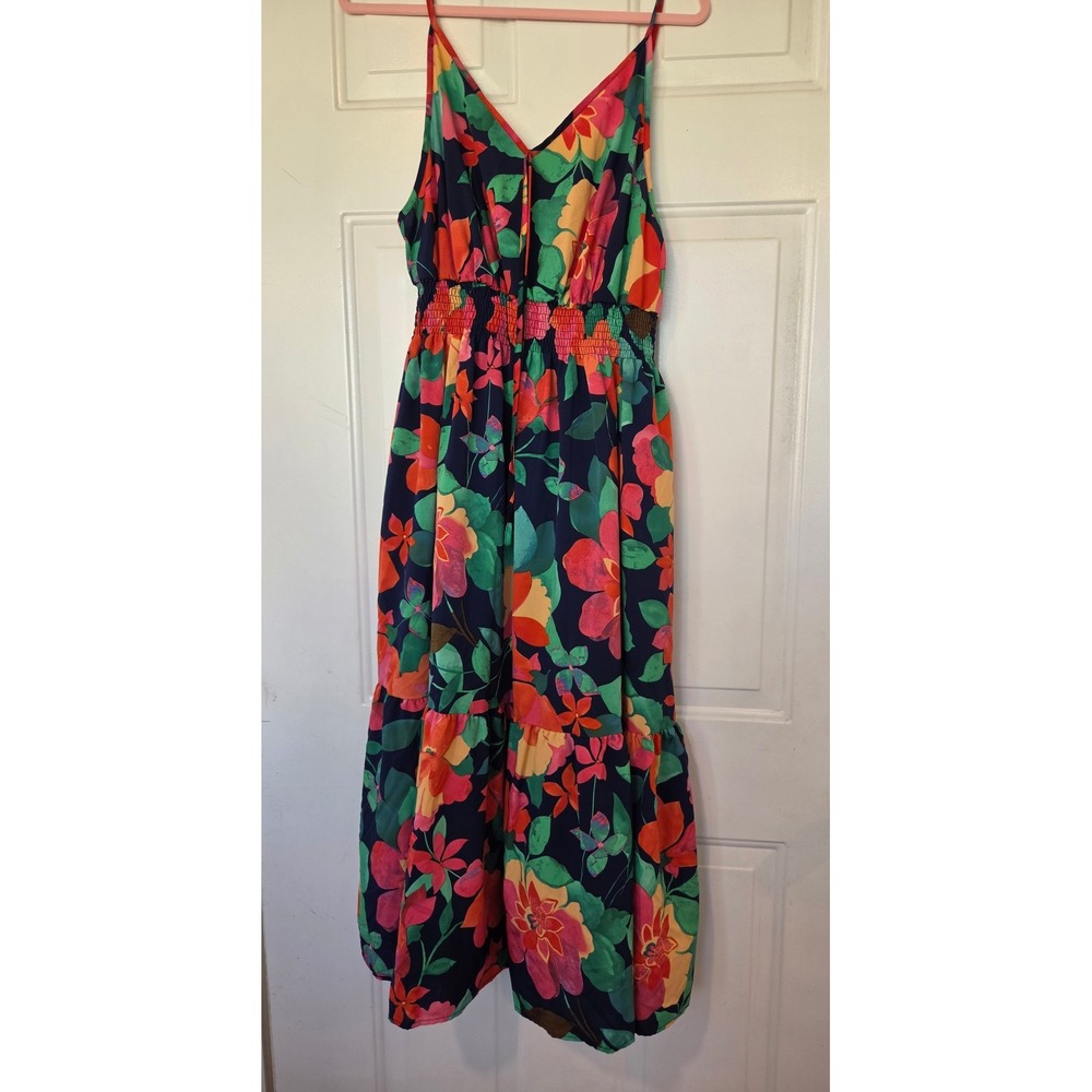 Floral Tiered Midi Dress Smocked Waist Tropical Print Navy Red Orange Summer